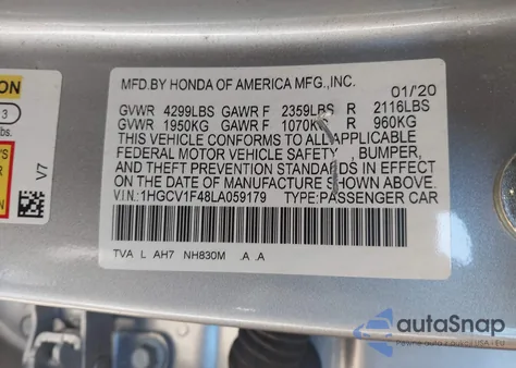 2020 Honda Accord Ex z USA, uszkodzony, nr VIN 1HGCV1F48LA059179